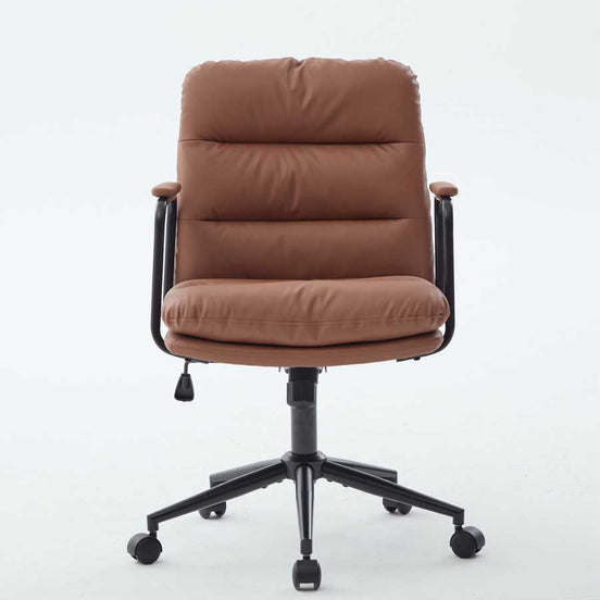 Front view of brown ergonomic office chair with cushioned seat and adjustable height. Perfect for home or office desk use.
