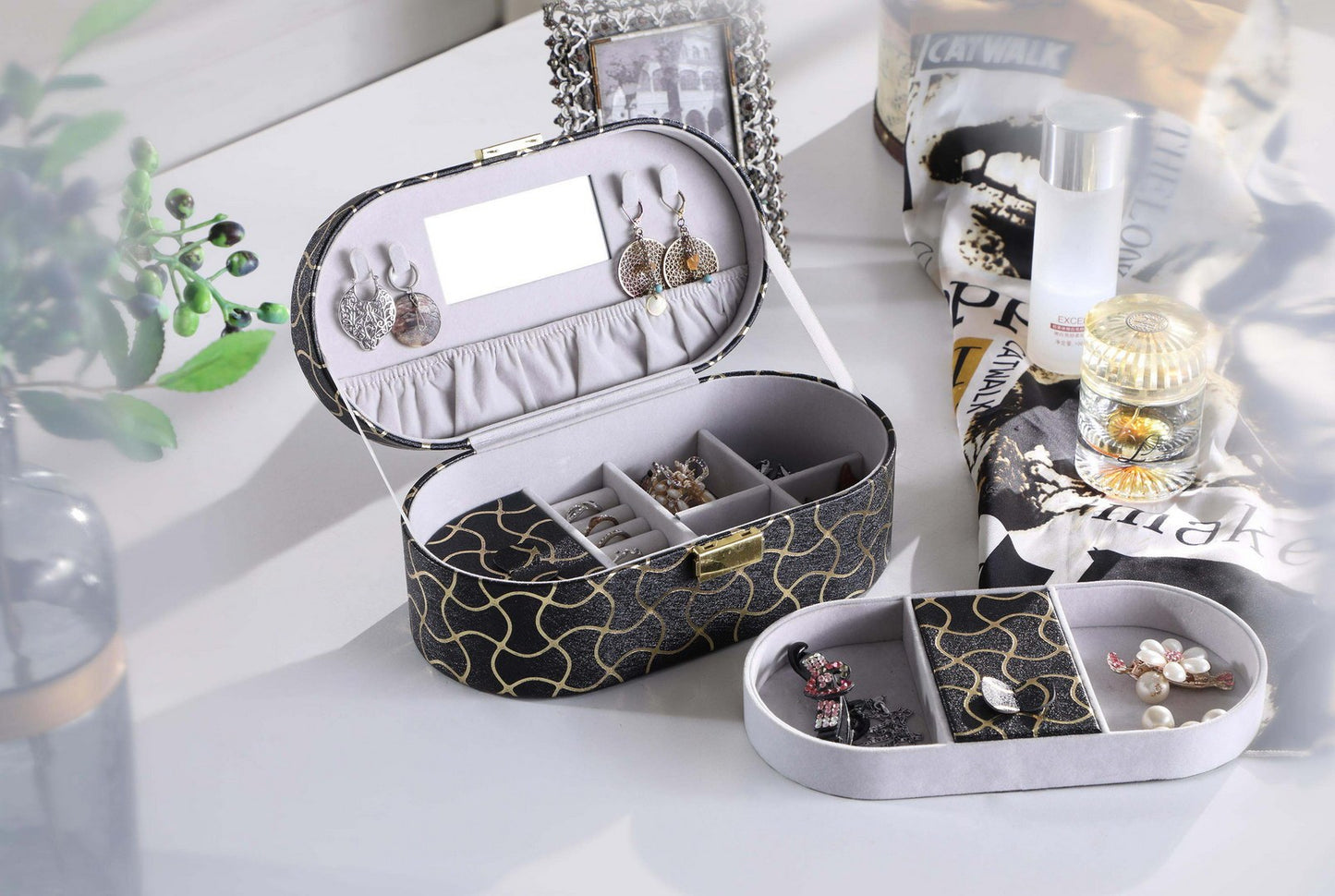 9.5' Long Leather Jewelry Organizer Case with Mirror, Gold Swirl Pattern, Black