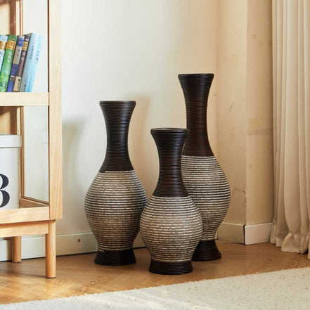 Decorative brown floor vase set of 3 with textured finish, enhancing the corner of a modern home with elegant flower stand appeal.
