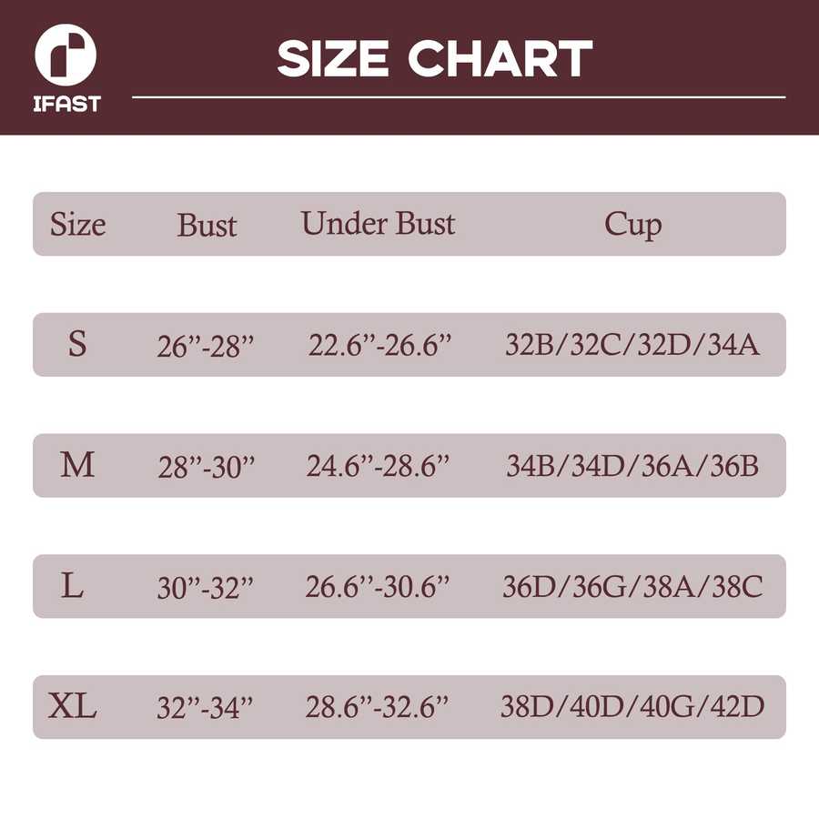 Size chart for bras with measurements in inches and letter designations, branded as IFAST.