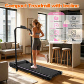 Treadmill with adjustable incline and compact design, measuring 36.5 inches in length for space-saving home use