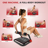 Woman using a multi-function exercise machine with various workout illustrations on a pink background