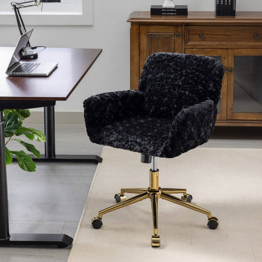 Furniture Office Chair,Artificial rabbit hair Home Office Chair with Golden Metal Base,Adjustable Desk Chair Swivel Office Chair,Vanity Chair(Black)