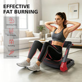 Woman using an exercise device in a living room with text about effective fat burning.