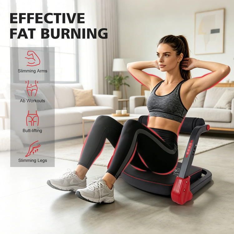 Woman using an exercise device in a living room with text about effective fat burning.