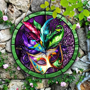 Colorful Venetian mask suncatcher hanging on stone wall, enhancing garden decor with vibrant UV printed wall art.