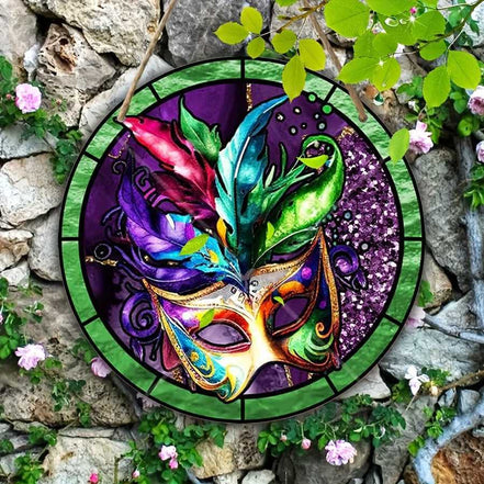 Colorful Venetian mask suncatcher hanging on stone wall, enhancing garden decor with vibrant UV printed wall art.