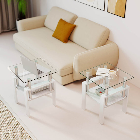 MLNshops white glass end table with shelf - Tempered