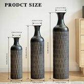 Size chart for set of 3 black floor vases showing height and diameter dimensions for each vase in inches and centimeters.