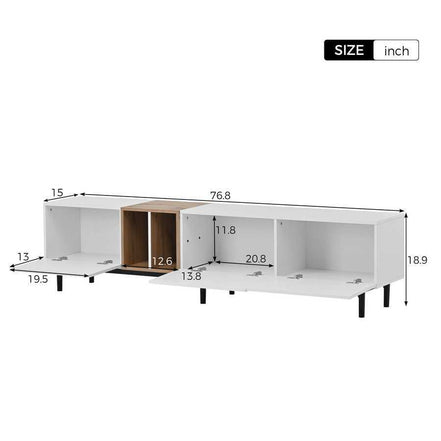 Dimensions of 80 inch TV stand with detailed measurements, showing internal storage compartments and overall width of 76.8 inches.