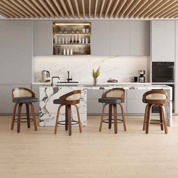 Modern kitchen with white cabinetry, marble countertop, and a set of two wooden frame bar stools with cane backrests and black cushions, measuring 16.5 inches wide and 32.5 inches tall.