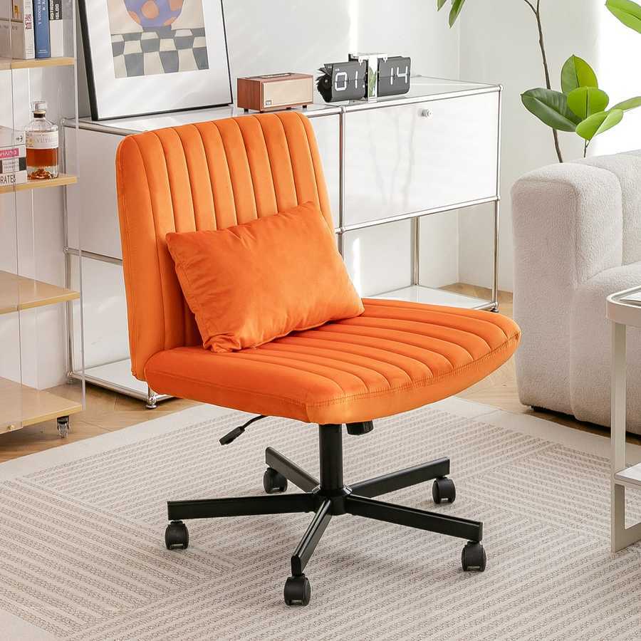 Stylish Orange Velvet Office Chair placed in a modern home office setting, ideal for work, reading, or makeup spaces.