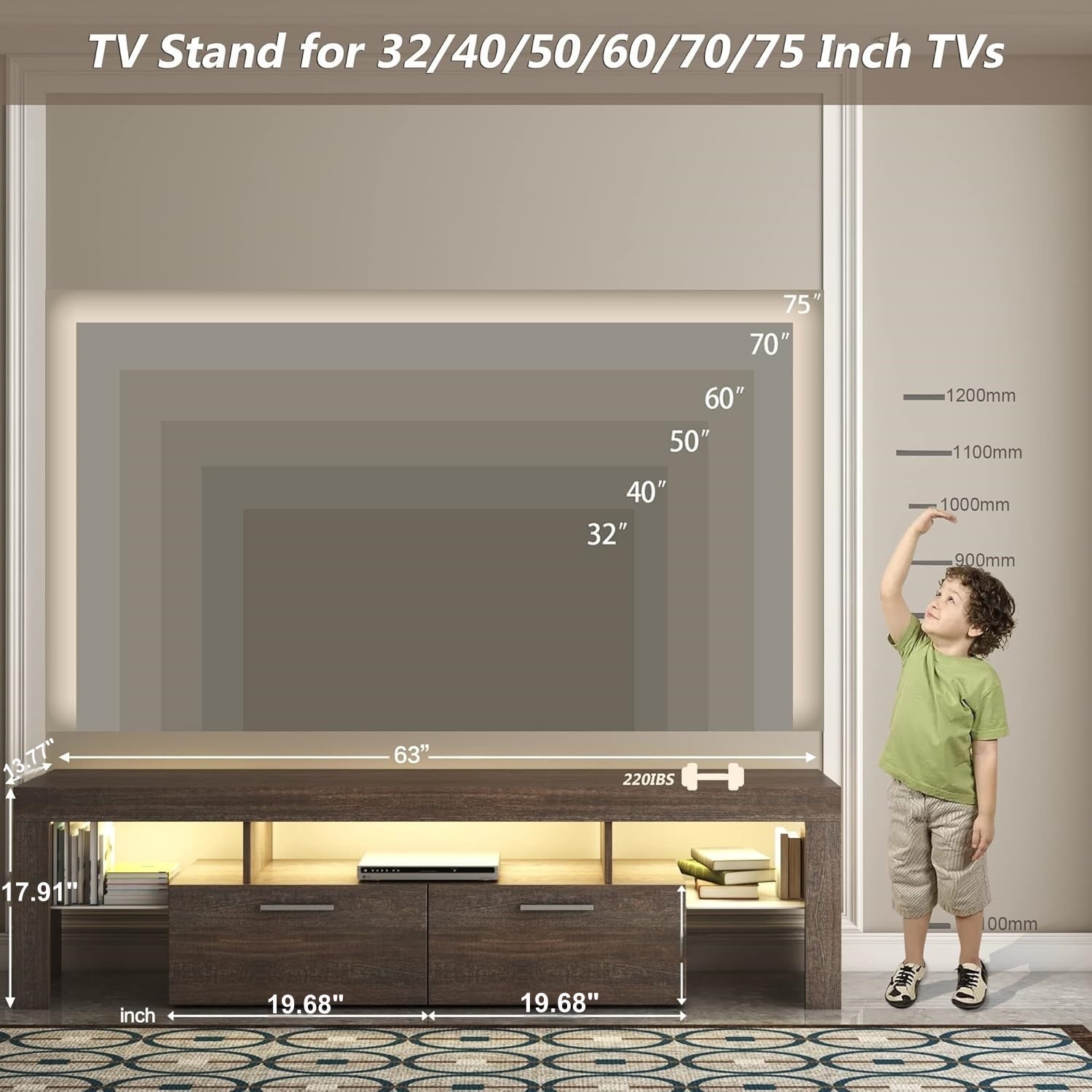 Modern LED TV Stand with Storage fits 32 to 75 Inch TVs, shown with size guide and weight capacity for versatile entertainment setups.