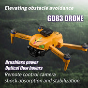 Orange drone with text highlighting features on a blurred green background