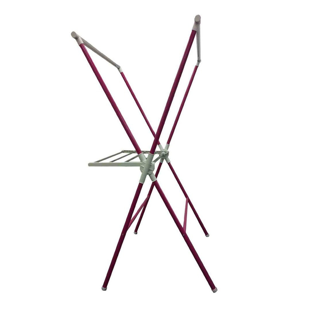Maroon metal clothes drying rack on a white background