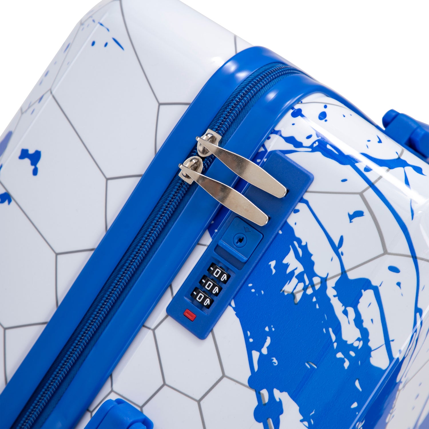 Blue and white suitcase with a combination lock on a geometric patterned background