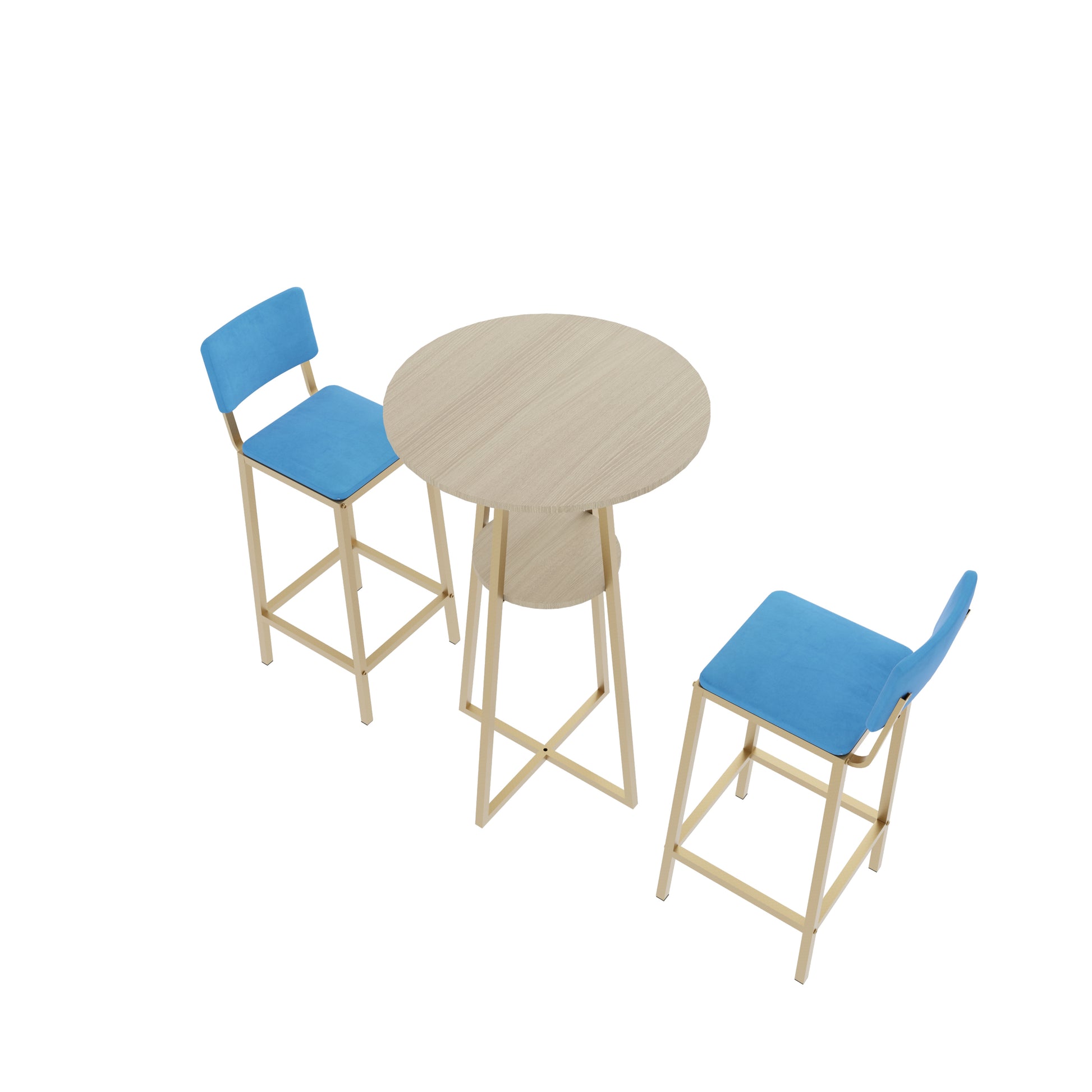Bar Table and Chairs Set - Gold Frame, Storage Function | Dining Set for 2 viewed from above, highlighting modern design.