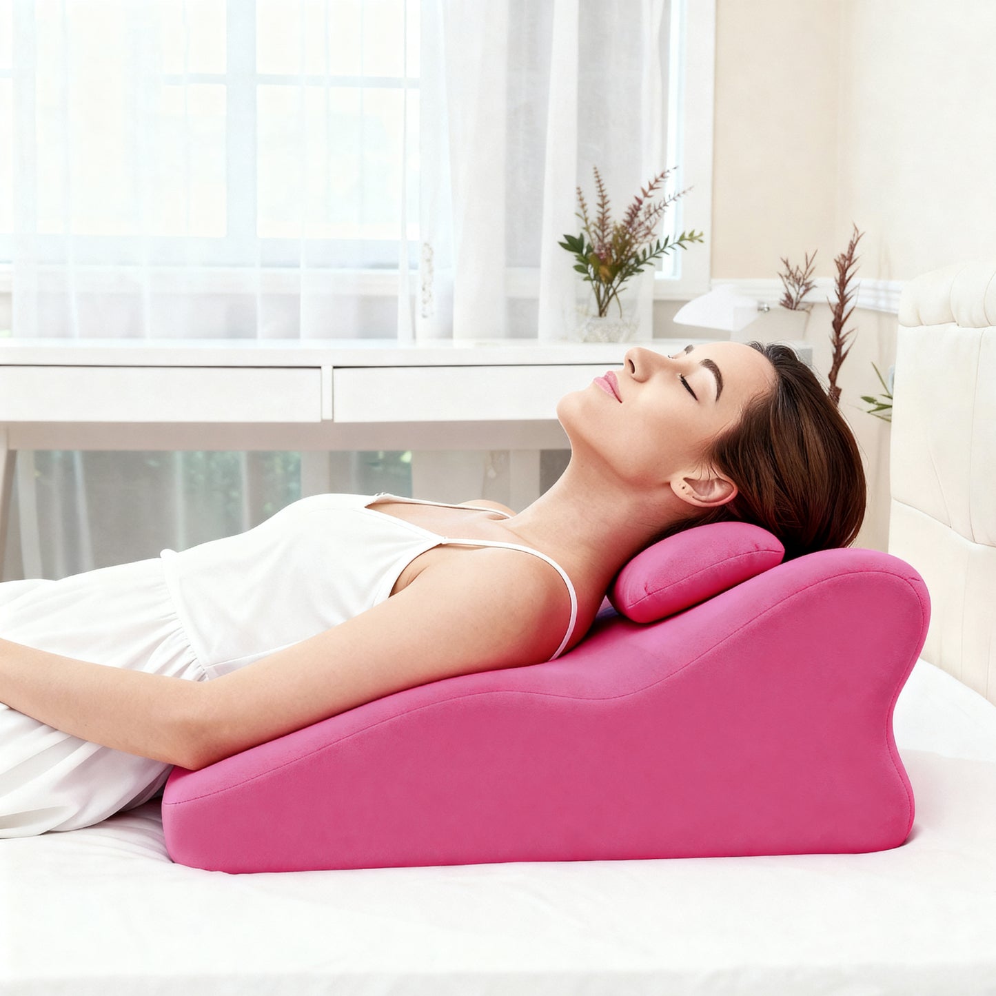 Woman reclining on pink ergonomic memory foam pillow, designed for upper body support and improved posture while lying down.