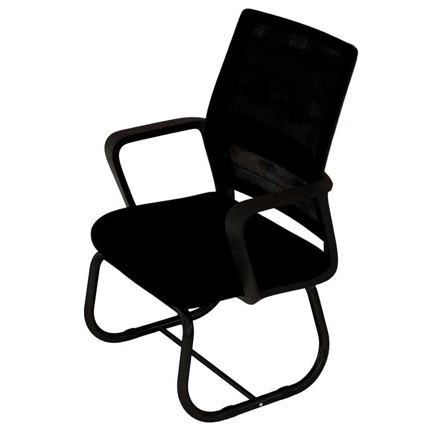 Black office chair in a room with red cabinets and a white rug.