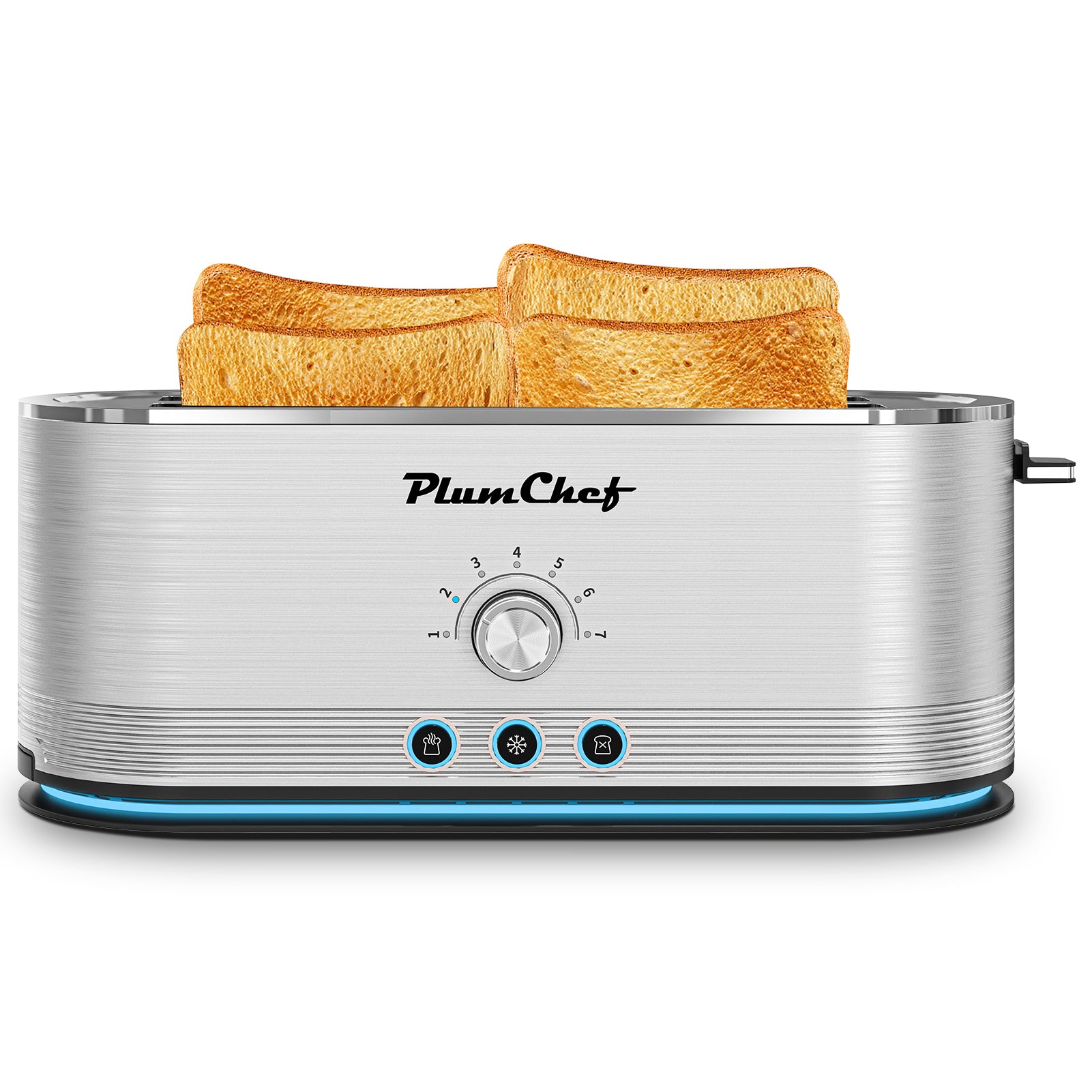 4-Slice Stainless Steel Toaster with adjustable browning dial and LED indicators, toasting four slices of bread evenly.