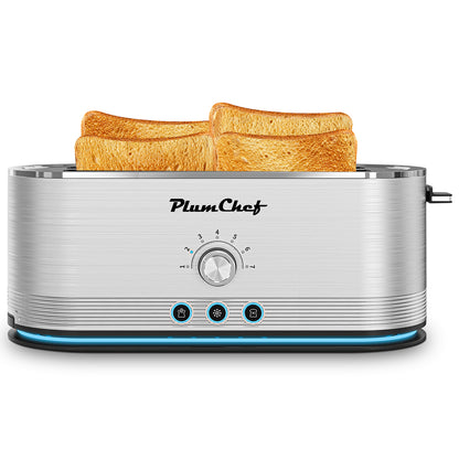 4-Slice Stainless Steel Toaster with adjustable browning dial and LED indicators, toasting four slices of bread evenly.