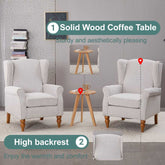 Two gray armchairs with a wooden coffee table in a room setting, highlighting features like a solid wood coffee table and high backrest.