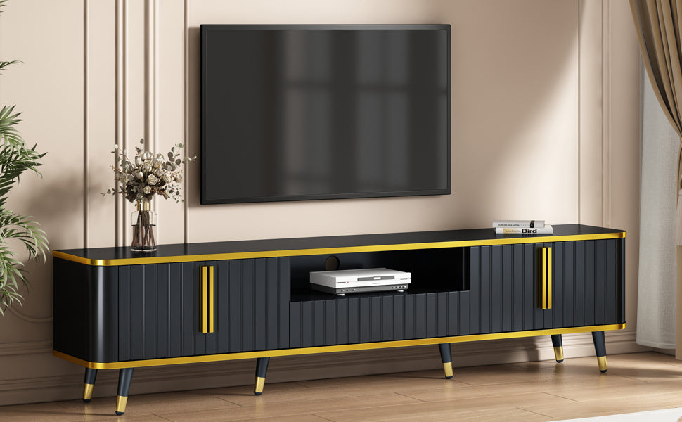 ON-TREND Luxury Minimalism TV Stand with Open Storage Shelf for TVs Up to 85", Entertainment Center with Cabinets and Drawers, Black