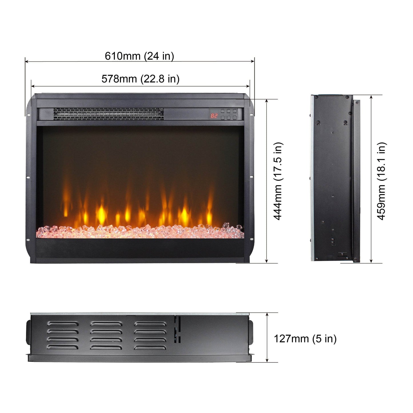 23 inch electric fireplace insert, ultra thin heater with crystal & realistic flame, remote control with timer, overheating protection,with sidelight