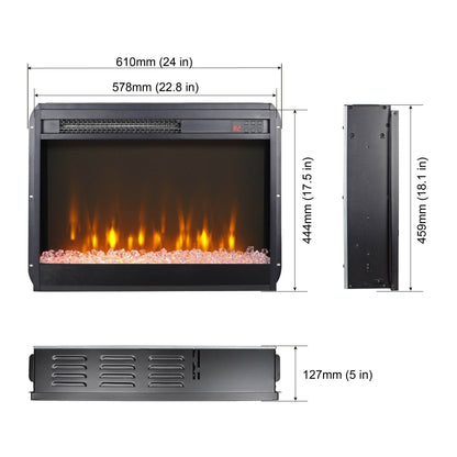 23 inch electric fireplace insert, ultra thin heater with crystal & realistic flame, remote control with timer, overheating protection,with sidelight