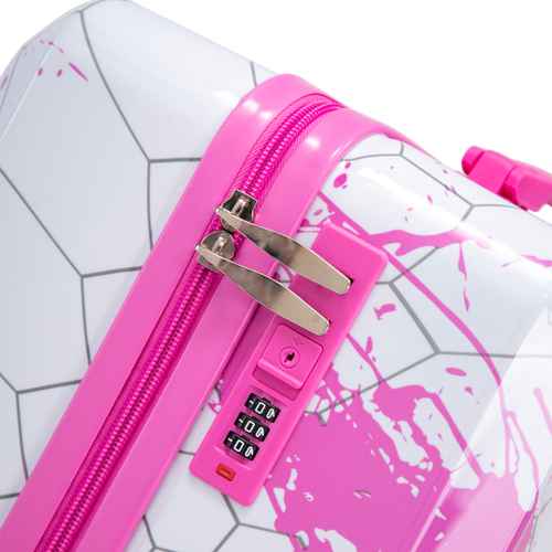 Pink printed spinner luggage suitcase with pink handle and wheels, detailed view of lock and splash pattern, on white background