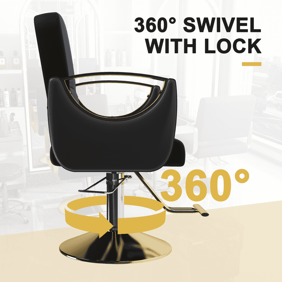 Black salon chair with gold accents and 360° swivel base