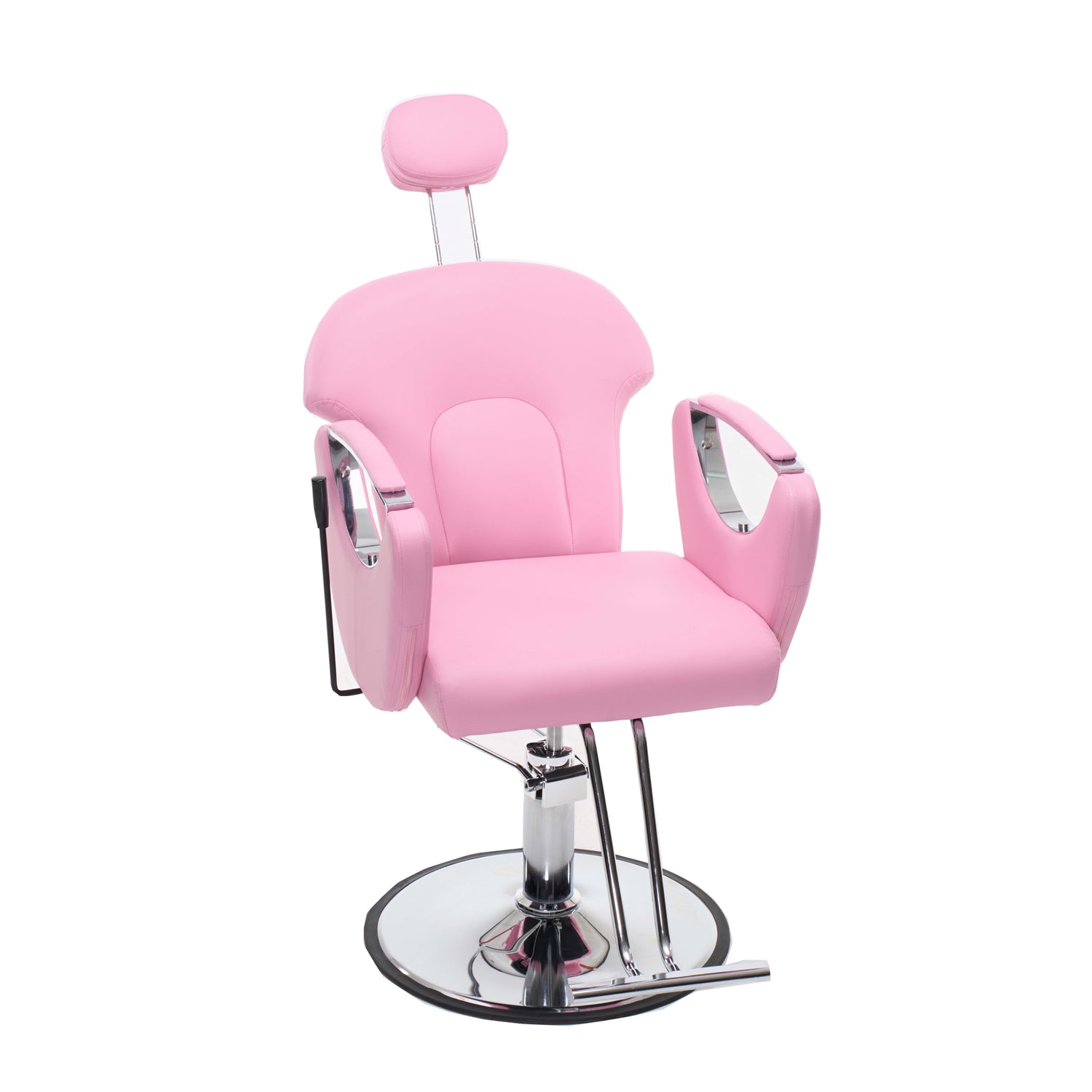 Pink salon barber chair with a padded seat, backrest, headrest, armrests, and a chrome hydraulic base on a white background.