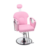 Pink salon barber chair with a padded seat, backrest, headrest, armrests, and a chrome hydraulic base on a white background.