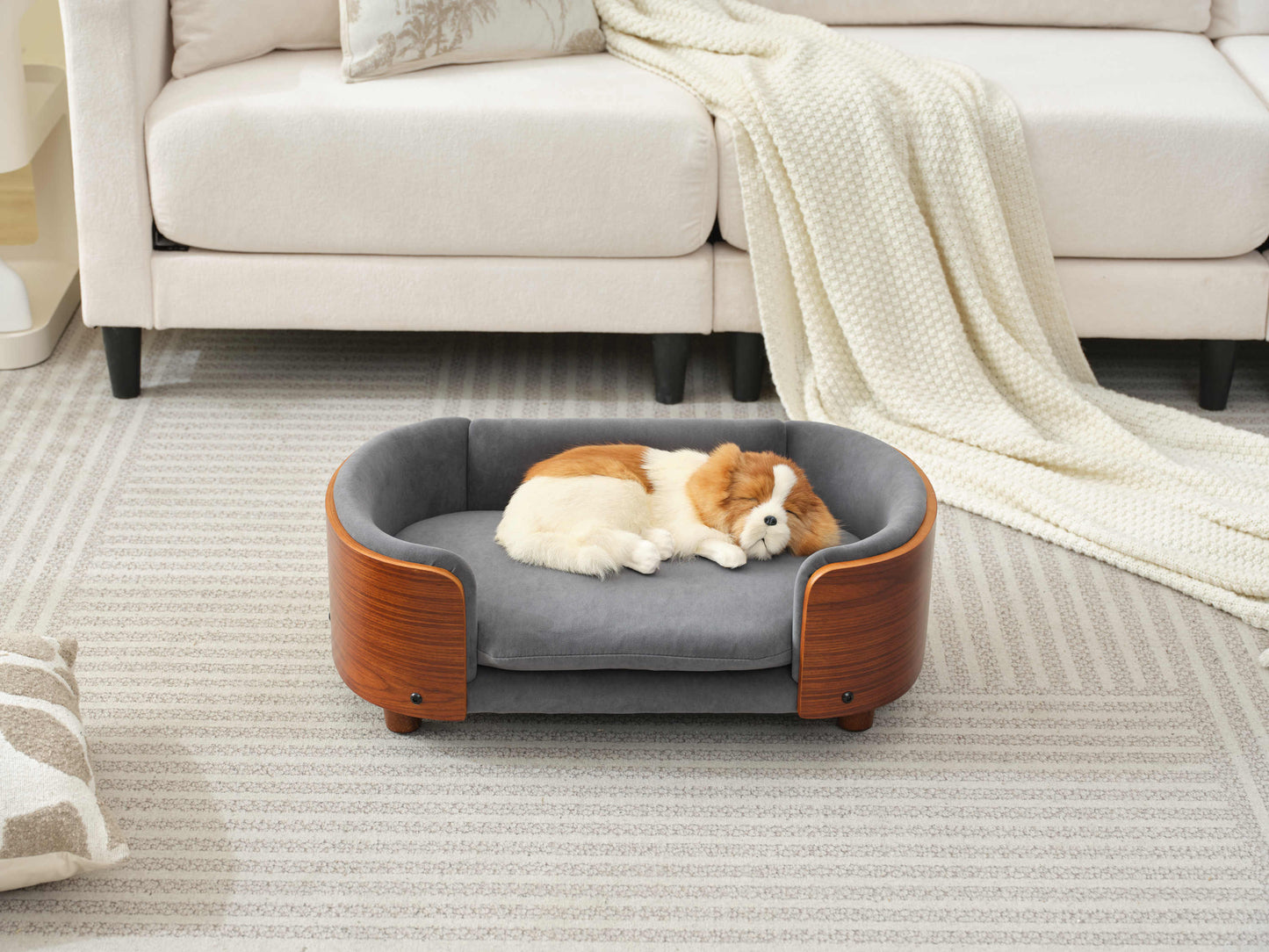 Scandinavian Elevated Dog Bed - Solid Wood frame with orthopedic velvet cushion, ideal for small pets in modern living rooms.