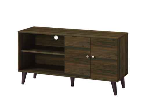 Front view of the dark wood modern TV stand with angled legs, featuring two open shelves and a cabinet with round metal knobs.