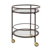 Three-tiered metal serving cart with glass shelves on a white background