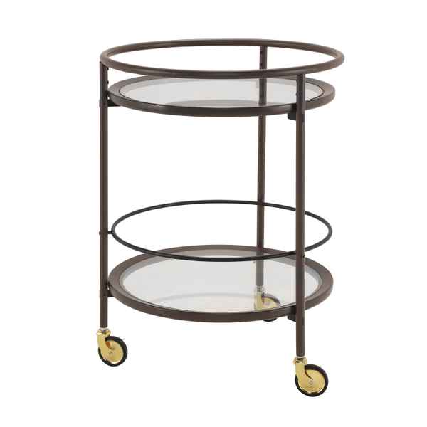 Three-tiered metal serving cart with glass shelves on a white background