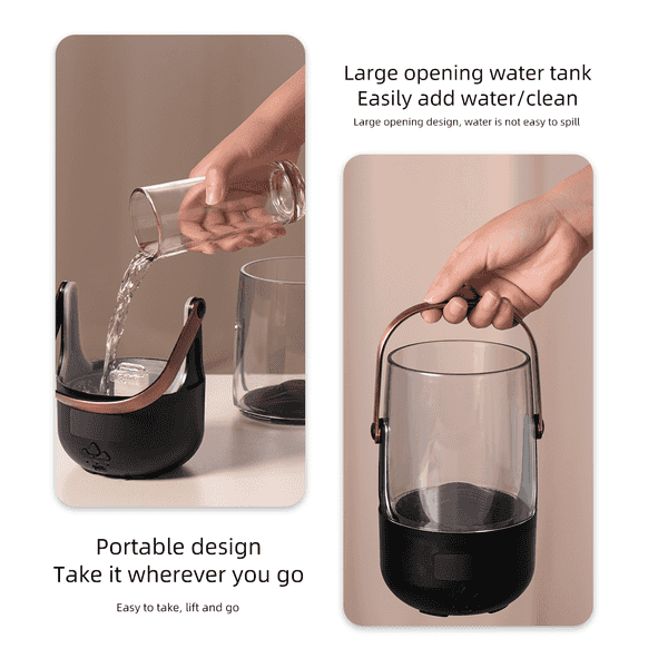 A portable black and clear water tank with a metallic rose-gold handle, shown in two panels with a hand pouring water into the top opening and holding the handle. Text highlights the large water tank, easy water/clean access, and portable design.