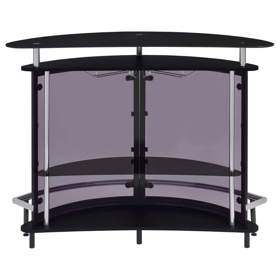 Straight-on back view of black glass top home wine bar cabinet with dual-tier shelving and chrome support bars.