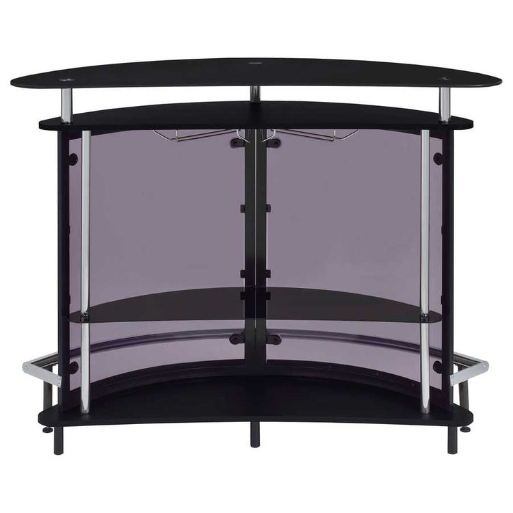 Straight-on back view of black glass top home wine bar cabinet with dual-tier shelving and chrome support bars.