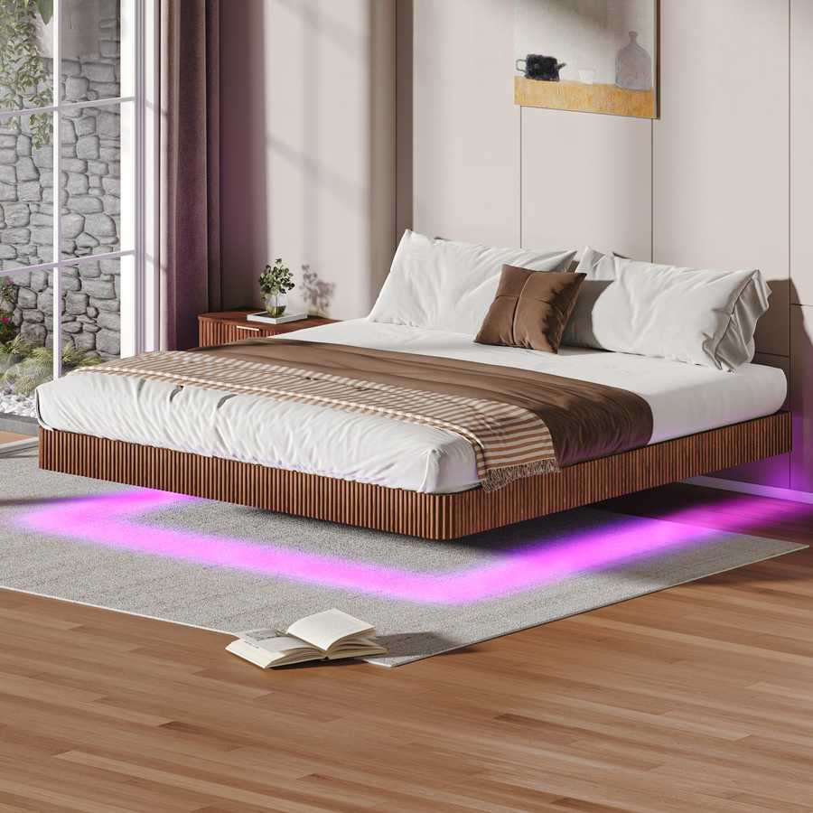 King floating bed frame with LED lights in walnut finish, featuring hidden legs and purple ambient lighting in a modern bedroom.