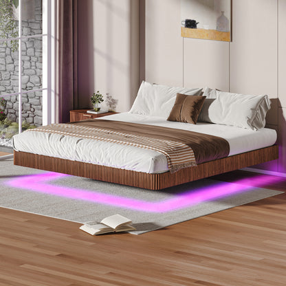 King floating bed frame with LED lights in walnut finish, featuring hidden legs and purple ambient lighting in a modern bedroom.