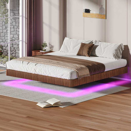King floating bed frame with LED lights in walnut finish, featuring hidden legs and purple ambient lighting in a modern bedroom.