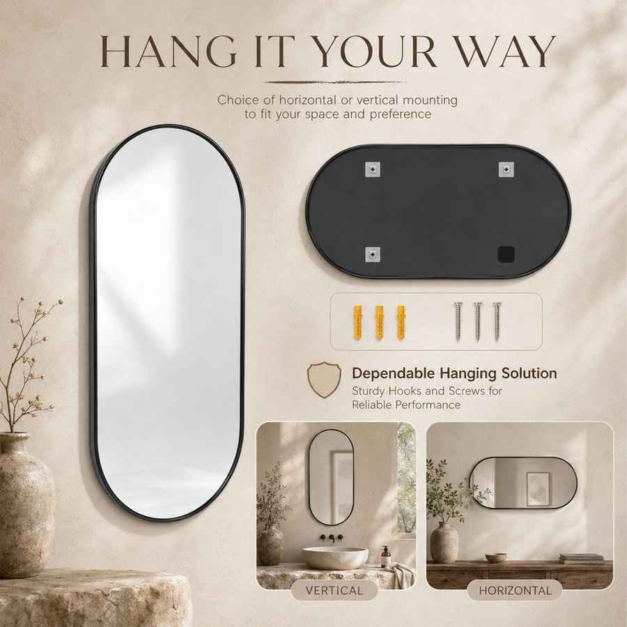Advertisement for a wall mirror with mounting options and features.