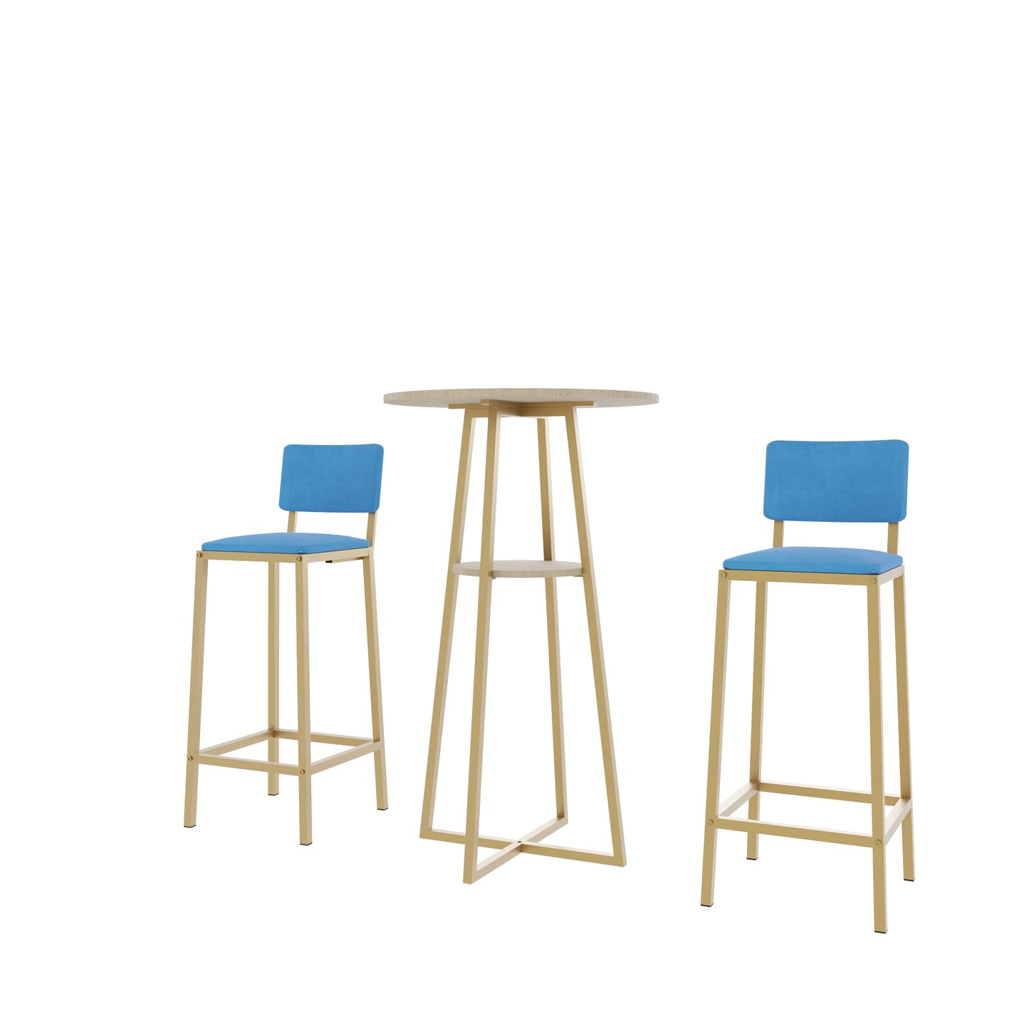 Elegant Bar Table Set with gold metal legs and blue upholstered seats, designed for modern dining or bar areas.
