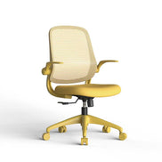 Yellow office chair with mesh back on a white background