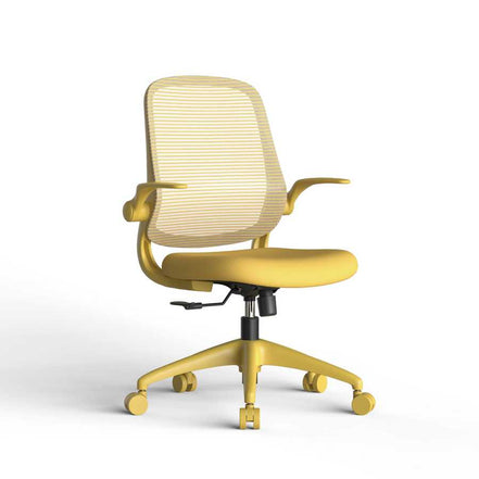 Yellow office chair with mesh back on a white background