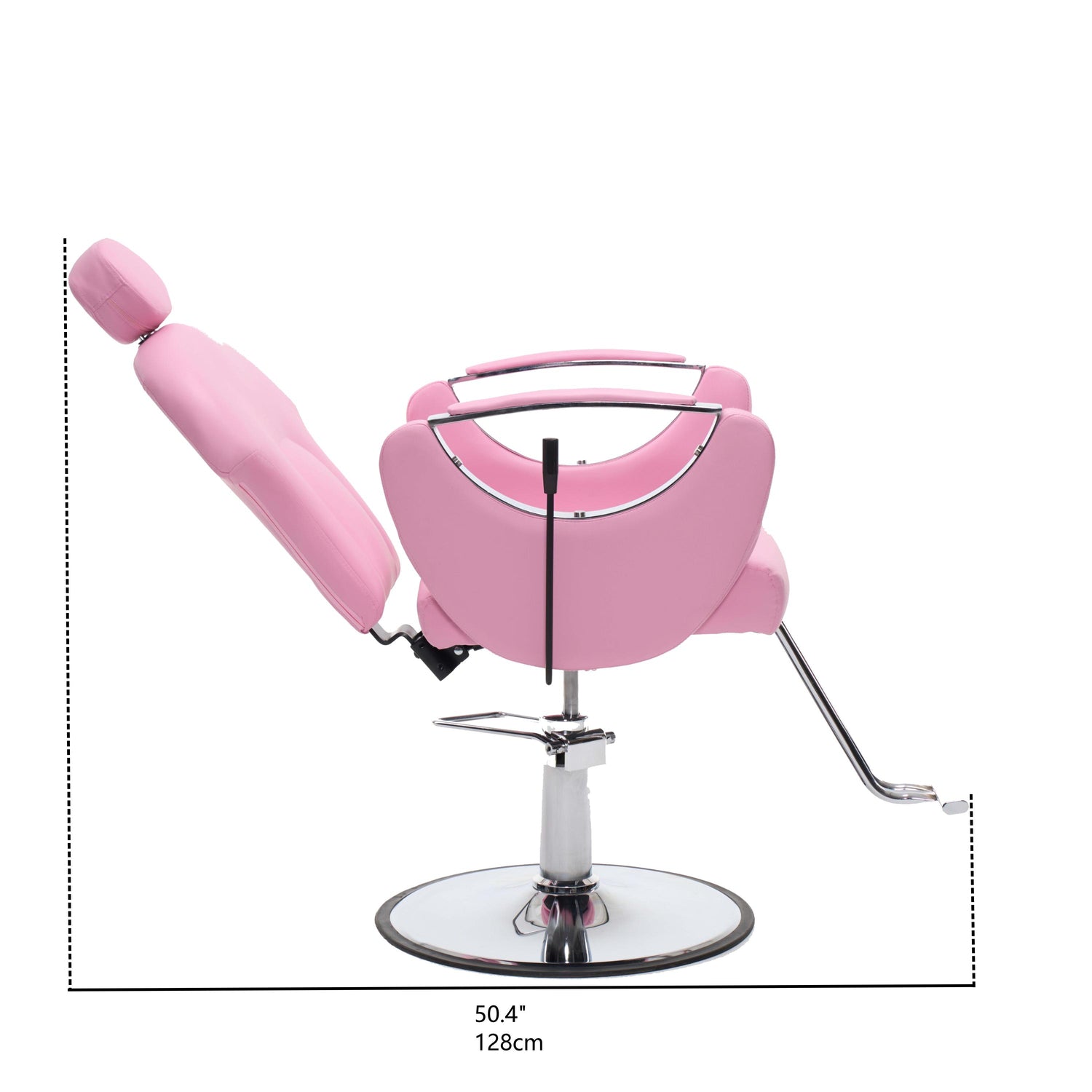 Pink salon barber chair with adjustable backrest and chrome base, shown with dimension markings of 50.4 inches (128 cm) width and 50.