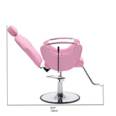 Pink salon barber chair with adjustable backrest and chrome base, shown with dimension markings of 50.4 inches (128 cm) width and 50.