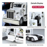 Detailed display of a toy truck with various features highlighted.